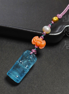 越南碧玺手工雕刻竹节压襟海蓝宝