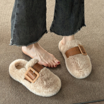 Baotou Semi-slipper Female Outer wear 2023 Autumn Winter New net red pine pastry Thick Bottom Fur Slippers Foreign Air Warm Cotton Tug