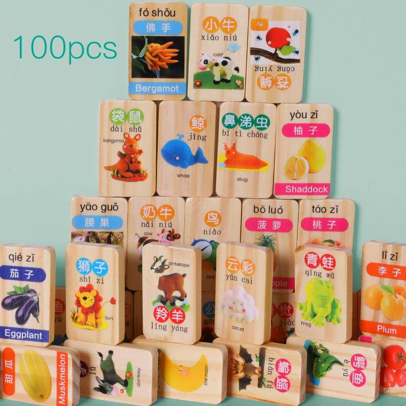 双面100粒汉字数字多功能积木动物拼音形状认知识多米诺骨牌玩具 - 图1