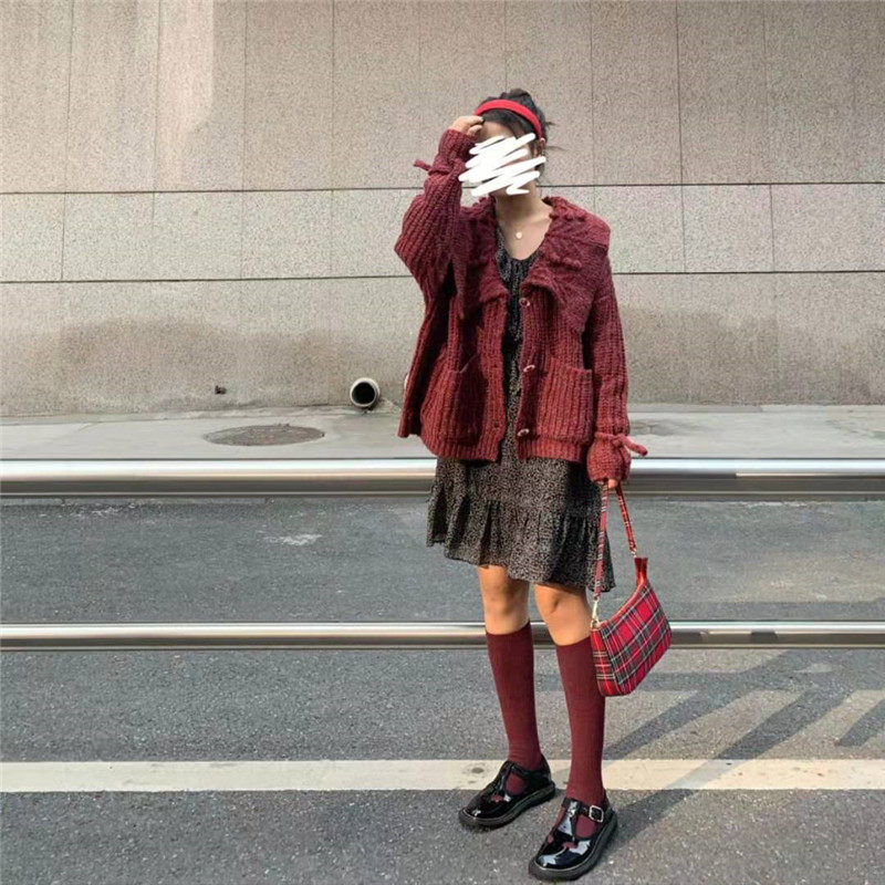 车厘子果酱酒红复古海军领宽松毛衣 evolu毛衣