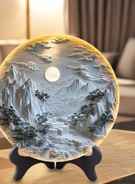 浮雕壁画立体感图片紧致圆盘摆台新中式客厅书房创意装饰桌面摆件