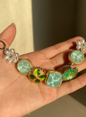 y2k甜辣酷妹蓝绿色花朵choker钛钢锁骨链度假风绿野仙踪小众项链