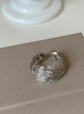 冷淡风线条缠绕水晶开口戒指女轻奢独特个性小众精致百搭指环