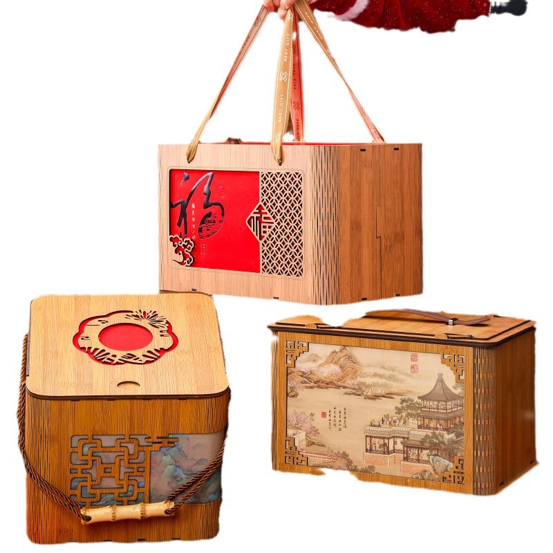 高端创意复古中秋节月饼包装竹木盒土特产手提盒空盒现货礼盒 - 图3