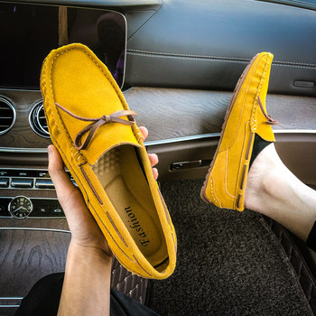 2024 Summer Versatile Korean Style Genuine Leather Bean Shoes Men's Frosted Casual Shoes Soft Sole Slip-On Lazy Driving Shoes