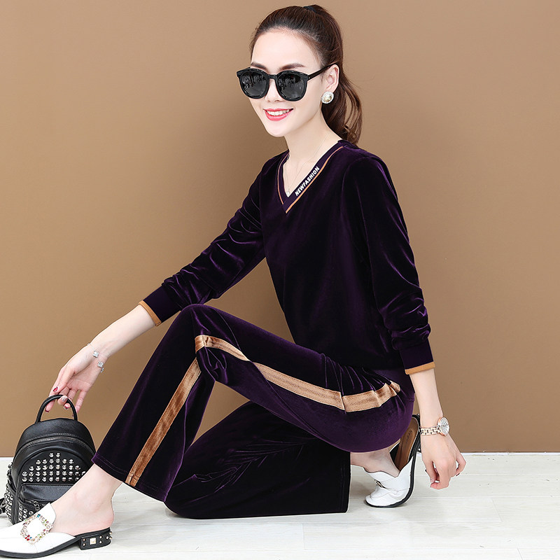 金丝绒套装2020春秋新款气质阔腿裤 韩蔓菲休闲运动套装