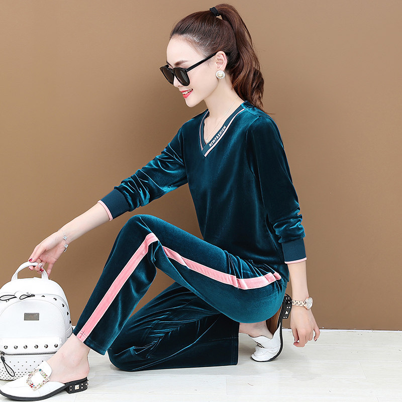 金丝绒套装2020春秋新款气质阔腿裤 韩蔓菲休闲运动套装