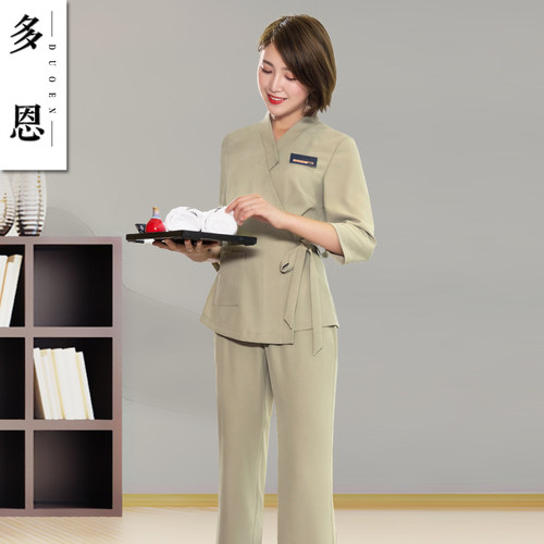 多恩美容院美容师工作服高端开衫夏季spa养生馆按摩足浴技师服 - 图1