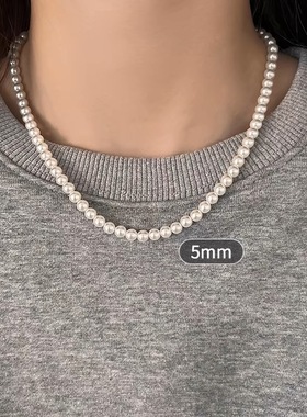 施家珍珠项链女小众轻奢设计感简约气质锁骨链元宝扣子毛衣链