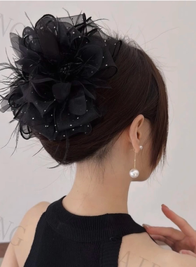 羽毛抓夹女网纱发夹2023新款后脑勺鲨鱼夹蓬松增发量头饰发饰头花