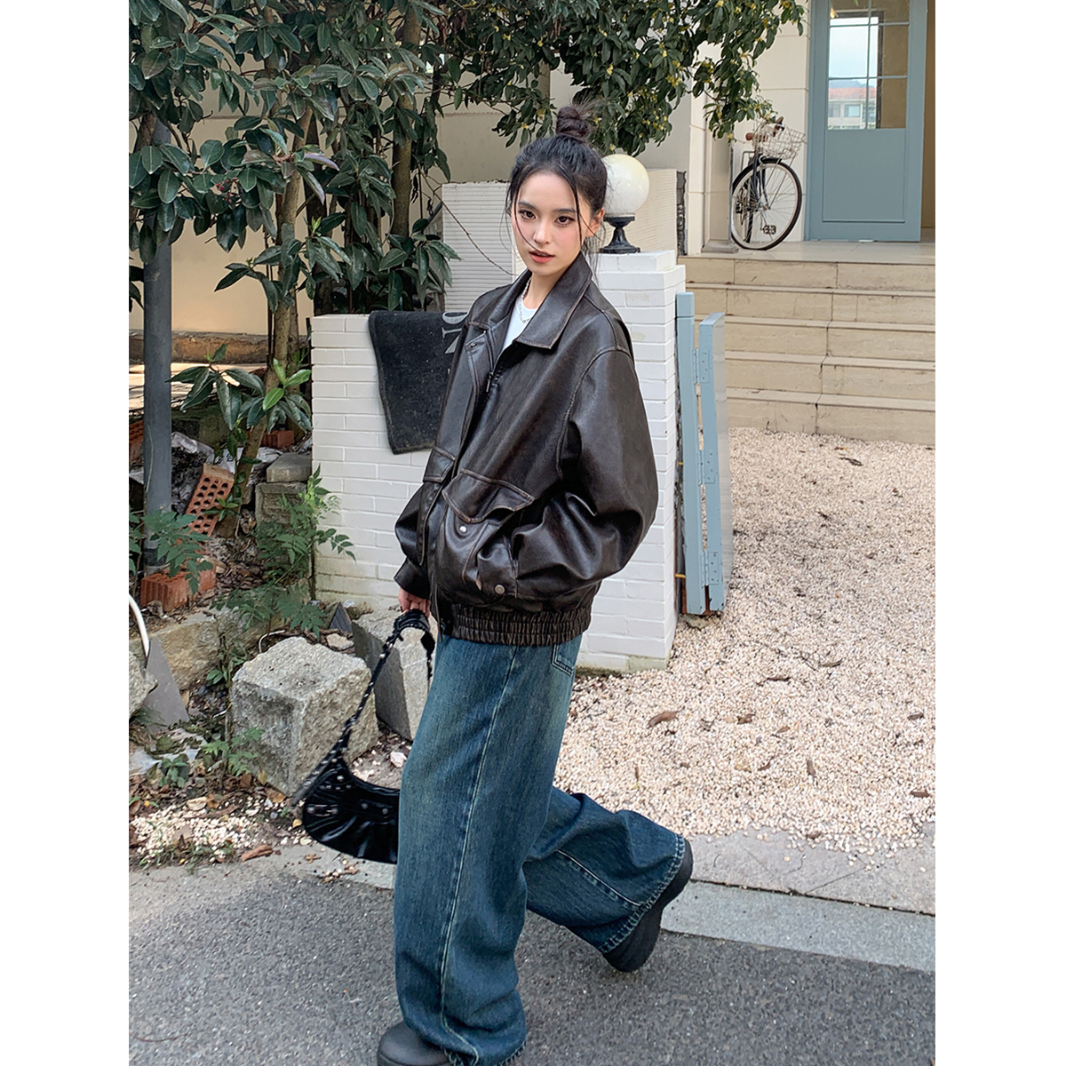 SIXI四喜家 拿捏New-vintage廓形感皮衣外套女秋冬宽松休闲夹克 - 图1