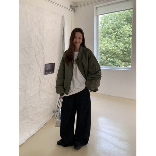 SIXI四喜家 重磅手作 廓形飞行员夹克棒球服女秋冬加厚夹棉外套 - 图2