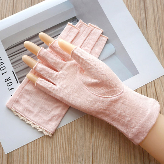 Women's summer new product half finger cotton jacquard ultra-thin breathable outdoor sun protection driving touch screen finger-exposed sleeping gloves