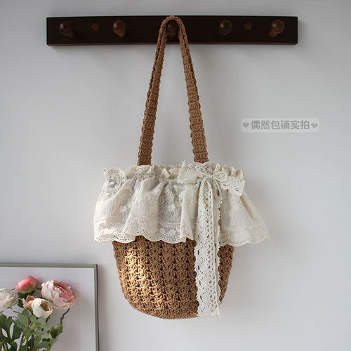 偶然包铺 日系森女田园风荷叶花边钩花棉线编织水桶手提单肩包包 - 图0