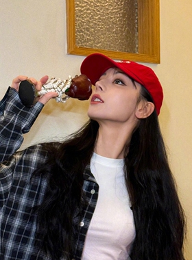 迪丽热巴同款红色刺绣棒球帽