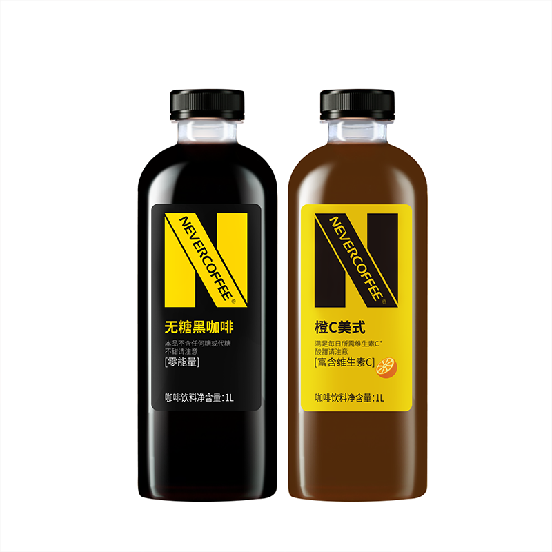 Never Coffee无糖黑咖啡橙C美式大容量深烘咖啡饮料1L*2瓶装整箱