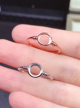 戒托S925银戒指空托女可调节 包镶无爪蛋面正圆4 5 6戒指银托镶嵌