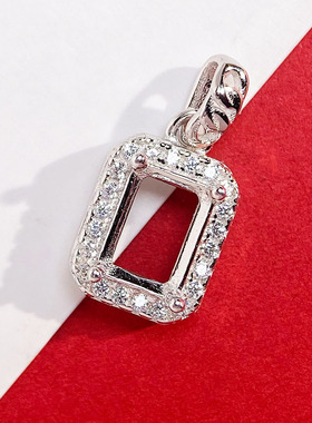 精工纯银长方形吊坠空托轻奢满钻