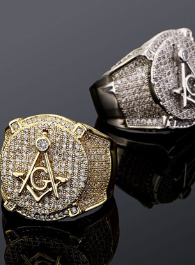 金澳饰品欧美复古AG共济会戒指 真金电镀满锆石个性嘻哈士指环