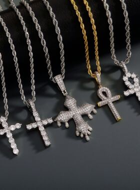 跨境欧美爆款微镶锆石嘻哈项链安赫钥匙十字架hiphop吊坠链子金澳