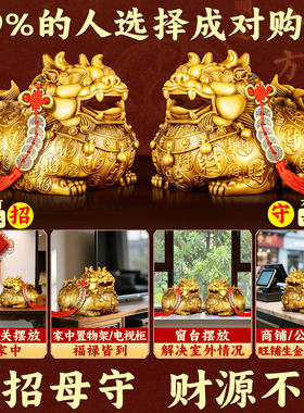 貔貅招财摆件家里客厅公母一对皮休聚旺纯黄铜貔犰门口办公室店铺