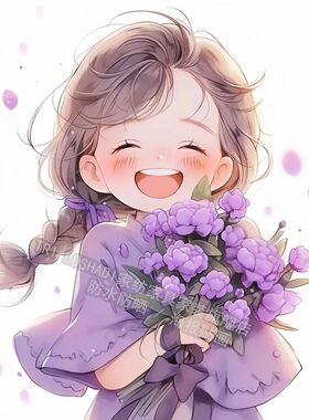 新款ins风治愈紫色捧花女孩卡通贴画室内卧儿童房墙上贴纸防水