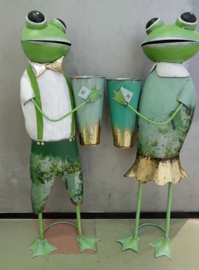 美式复古做旧铁艺青蛙摆件花盆架