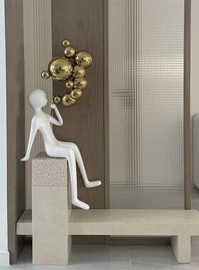 现代卡通软装吹泡泡人物创意雕塑玻璃钢新居乔迁客厅装修坐立摆件