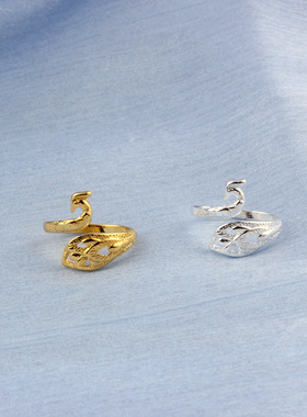 简约复古立体银孔雀戒指女