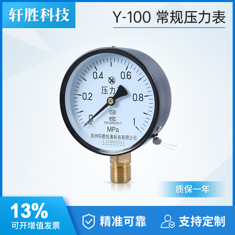 Y100 1.0MPa 弹簧管压力表 DN15/4分接头 水压表 气压表 苏州轩胜 - 图1