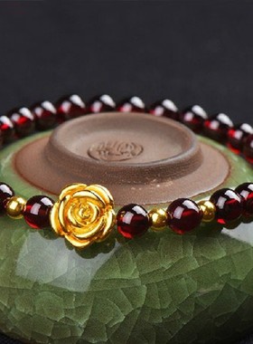 正品天然石榴石红玛瑙玫瑰花手链
