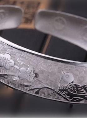 喜鹊登梅送母亲银手镯情侣同款