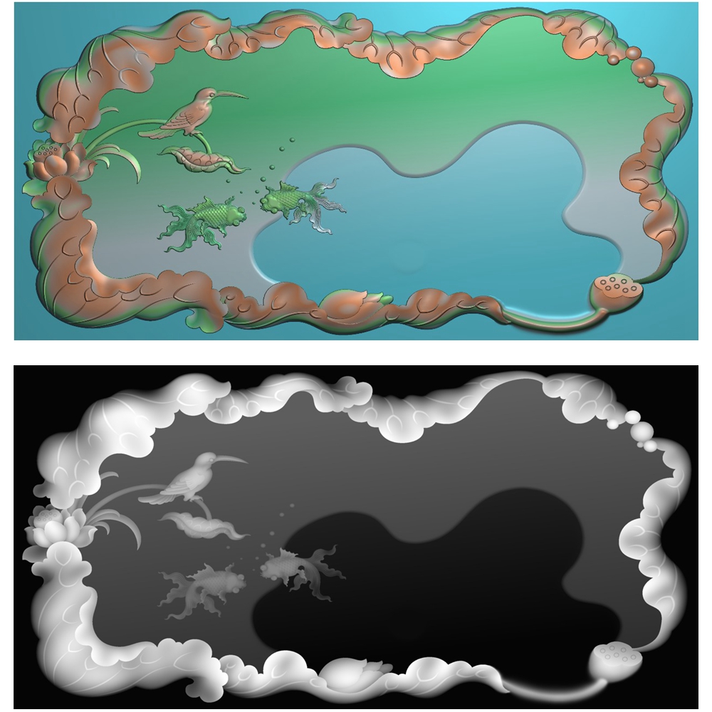 1784荷花翠鸟金鱼茶盘浮雕精雕JDP灰度BMP格式木雕石雕图 - 图3