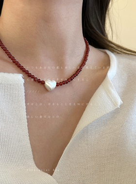 拉丝爱心红玛瑙串珠项链女轻奢高级感时尚气质潮流百搭颈链毛衣链