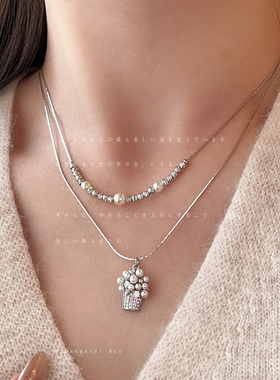 高级感爆米花珍珠碎银双层叠戴项链女气质时尚潮流百搭颈链毛衣链