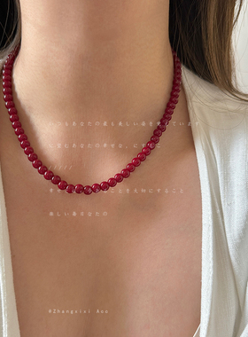 安哥拉红色串珠项链女秋季新款复古轻奢小众显白百搭颈链毛衣链
