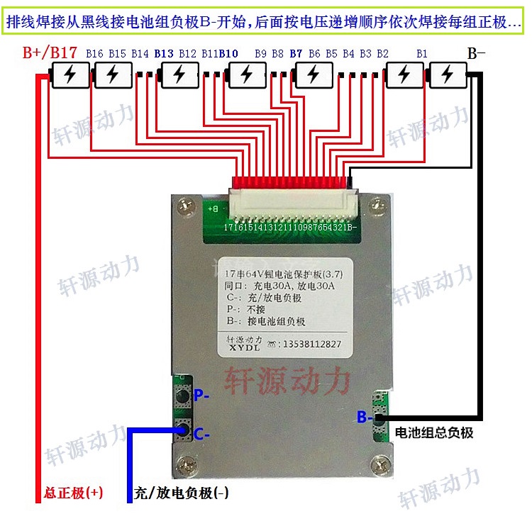 17串64V,16串60V,13串48V,同口30A,同口50A电动车锂电池组保护板-图2