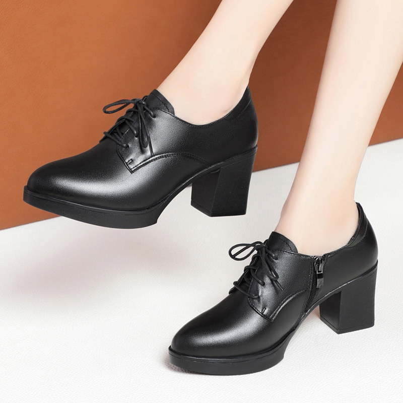 2025春秋新款深口单鞋中年妈妈鞋粗跟中跟休闲系带圆头工作皮鞋女,淘宝优惠券,粉丝福利购,淘宝优惠卷