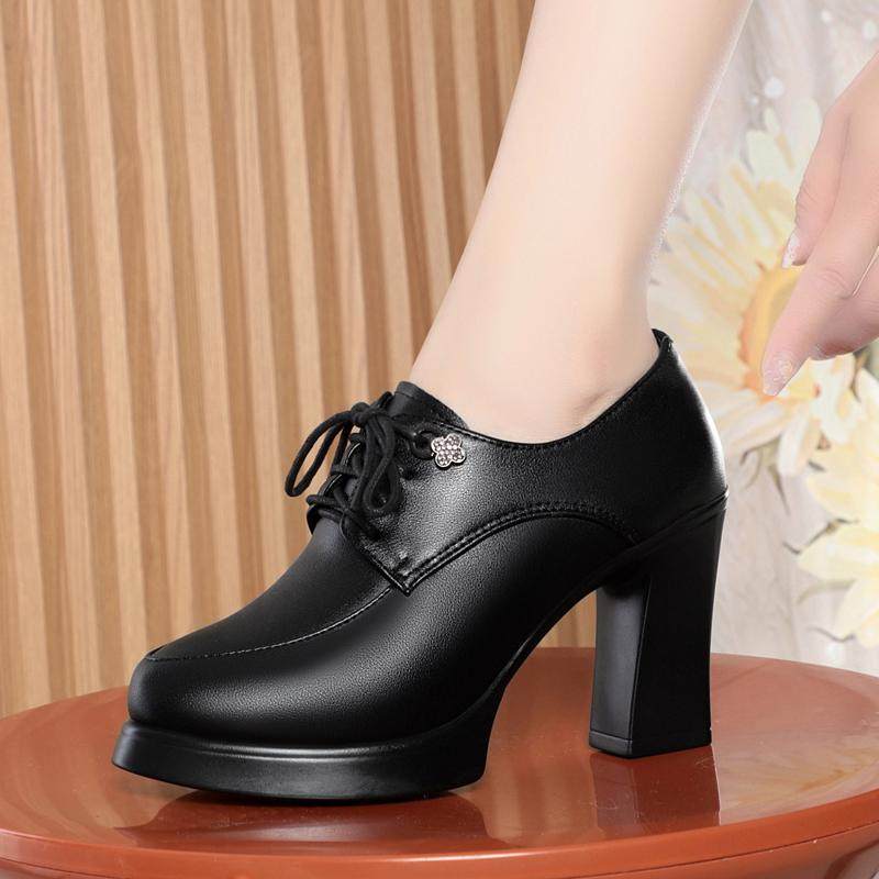 真皮粗跟防水台中年女士走秀高跟鞋深口单鞋女春秋系带皮鞋妈妈鞋,淘宝优惠券,粉丝福利购,淘宝优惠卷