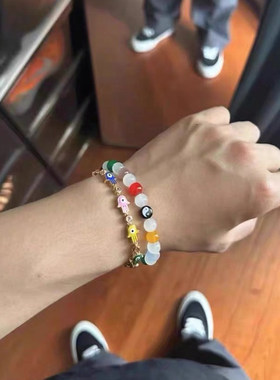 CGYYDS黑八太极骰子彩色猫眼石手链INS复古CleanFit风格潮流配饰