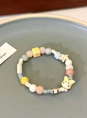 可爱粉色陶瓷手串卡通百搭潮流小众设计彩色串珠手环情侣闺蜜手饰