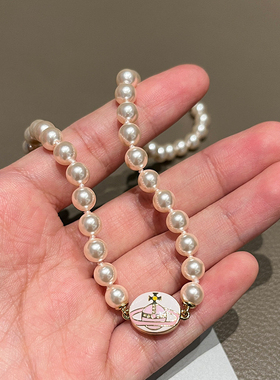 土星彩色搪瓷扣珍珠项链珐琅磁扣吊坠甜酷风小众磁吸锁骨链