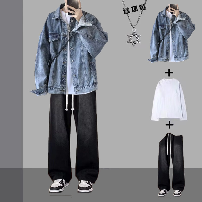 春秋季套装牛仔夹克男装潮流休闲一套搭配帅气三件套学生宽松外套,淘宝优惠券,粉丝福利购,淘宝优惠卷