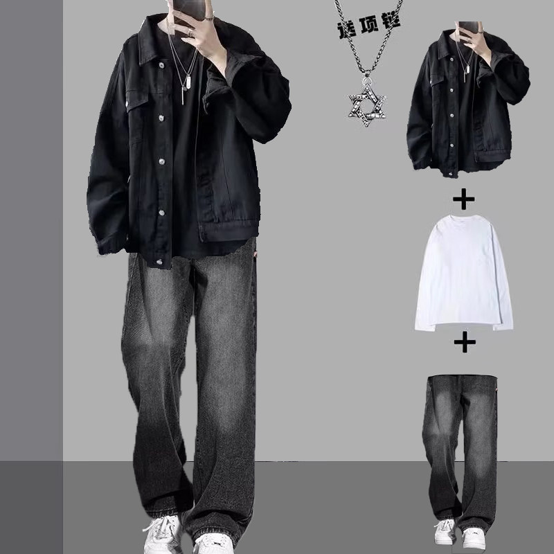 春秋季套装牛仔夹克男装潮流休闲一套搭配帅气三件套学生宽松外套,淘宝优惠券,粉丝福利购,淘宝优惠卷
