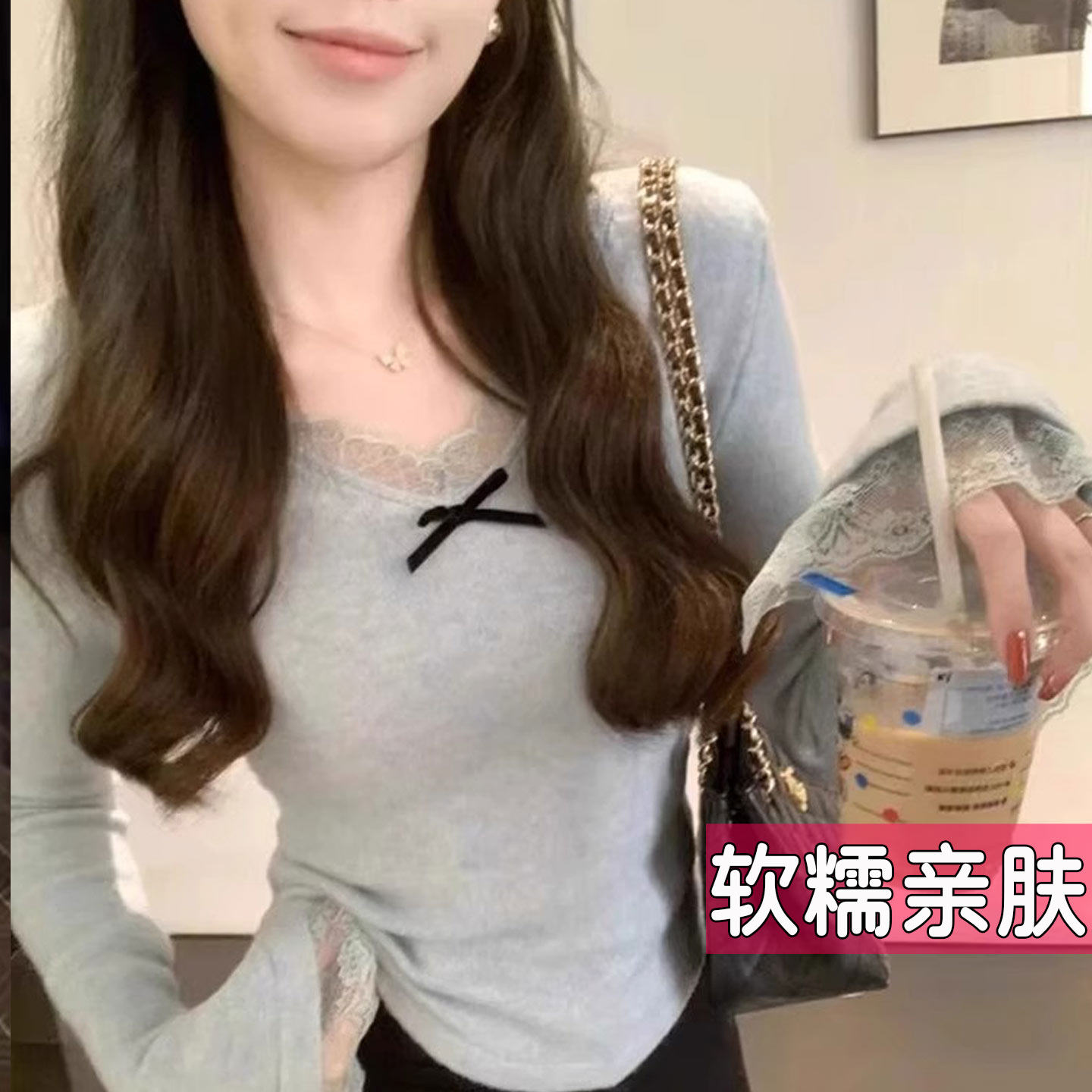 大码蕾丝花边v领针织衫女秋冬纯欲风上衣修身内搭毛衣打底衫胖mm,淘宝优惠券,粉丝福利购,淘宝优惠卷