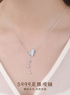 新中式足银蝴蝶夜光项链女生礼物