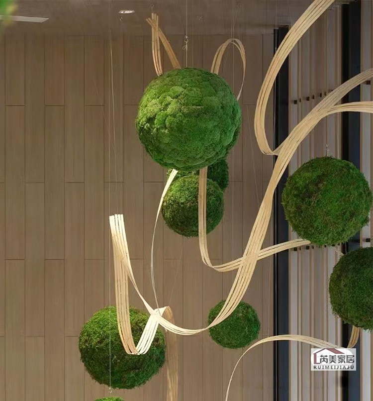 永生苔藓球绿植青苔艺术布景逼真空间悬挂苔藓球竹艺装置景观造型-图1