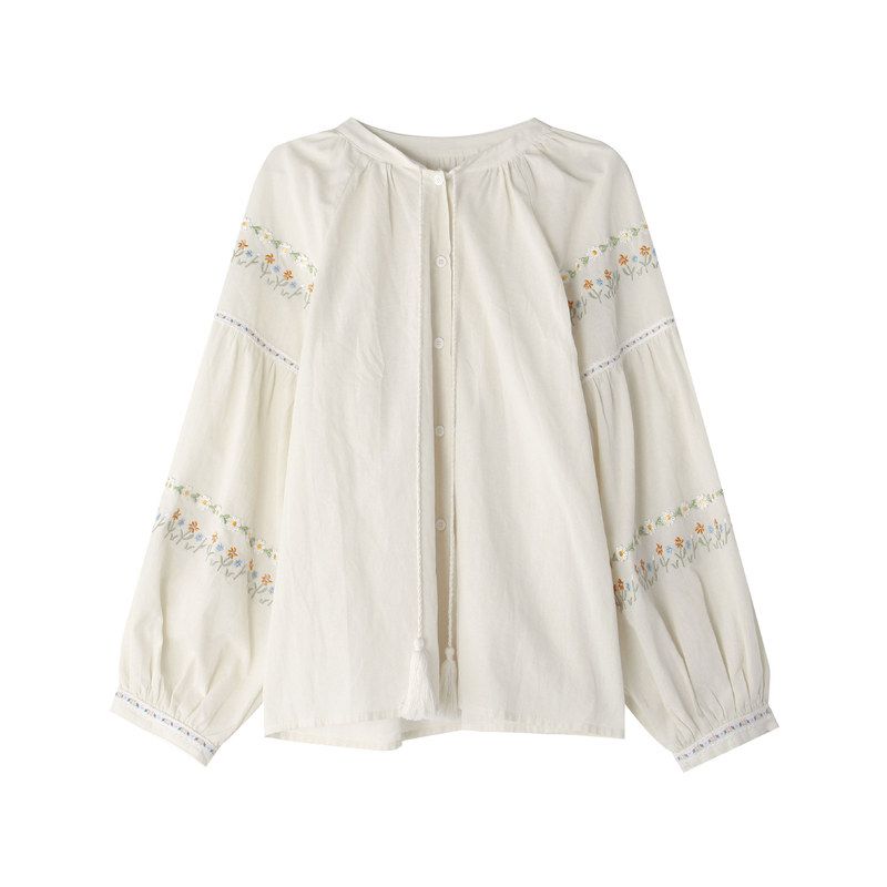 【繁花映袖】复古流苏系带衬衫女秋季新款刺绣长袖上衣T1968F - 图3