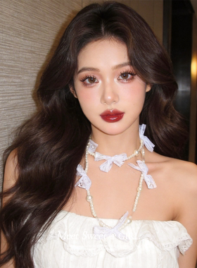 法式蕾丝蝴蝶结珍珠串珠项链女