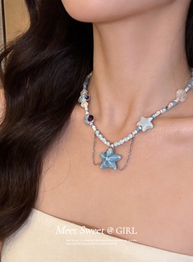 蓝色陶瓷串珠星星项链锁骨链配饰